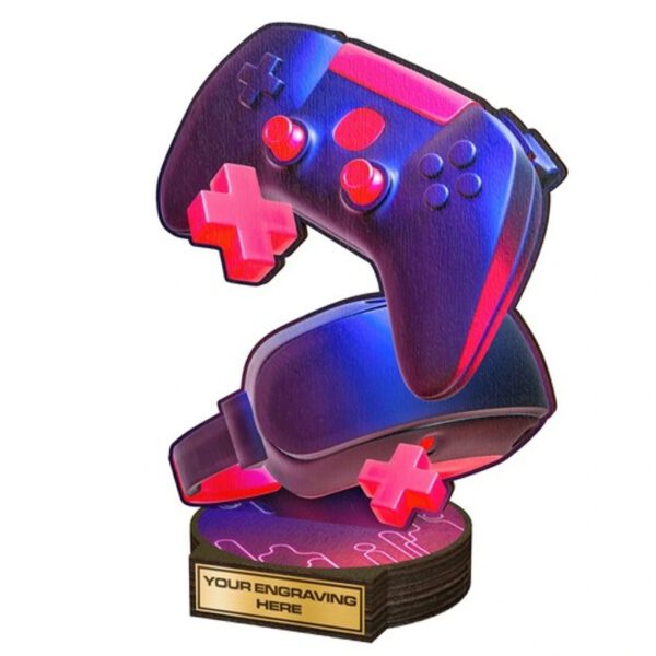 Een ecologische trofee met een videogamecontroller erboven.