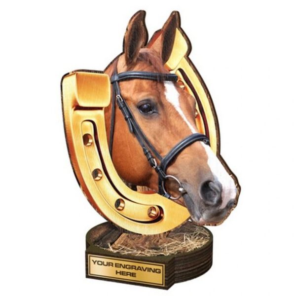 Een milieuvriendelijke trofee versierd met een hoefijzer.