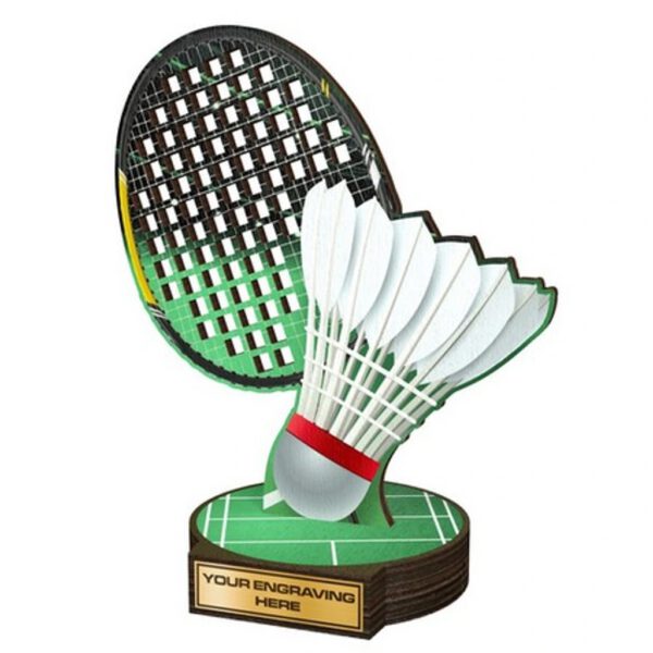 Een milieuvriendelijke trofee met een badmintonracket.