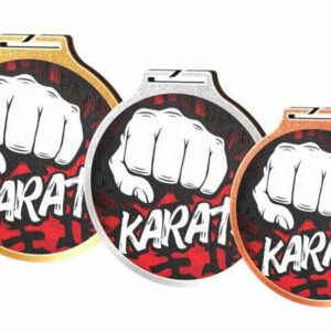 Drie milieuvriendelijke Medaille Karate-trofeeën.