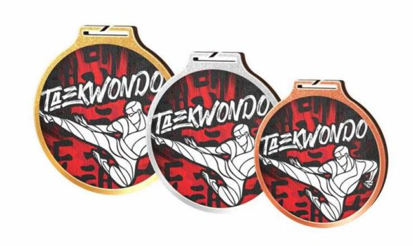 Drie milieuvriendelijke Medaille Taekwondo-trofeeën met het woord teewodo erop.