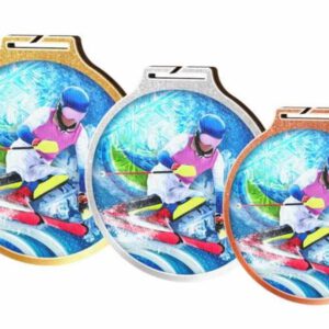 Medaille Skiën slalom, 3 stuks met aan iedere kant een skiër en snowboarder.