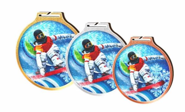 Drie Medaille Snowboarden, 3 stuks met snowboarder erop.